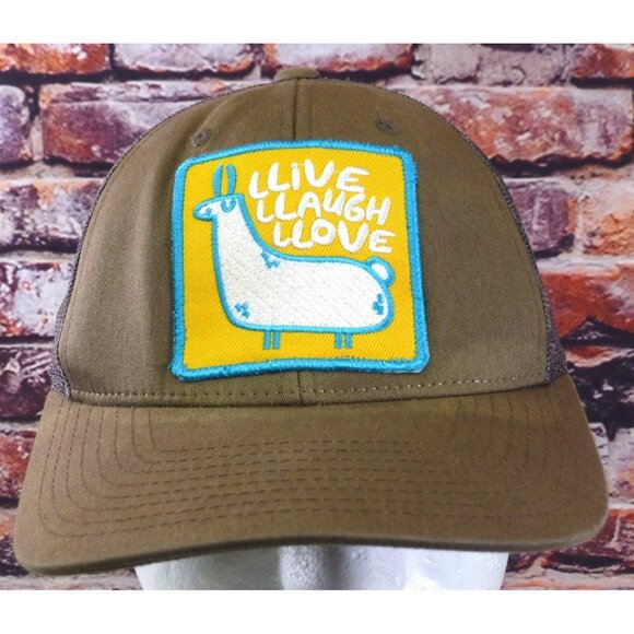 Live Laugh Love Llama Trucker Hat Sycamore Brewing Snapback Brown Mesh Back - Picture 1 of 7